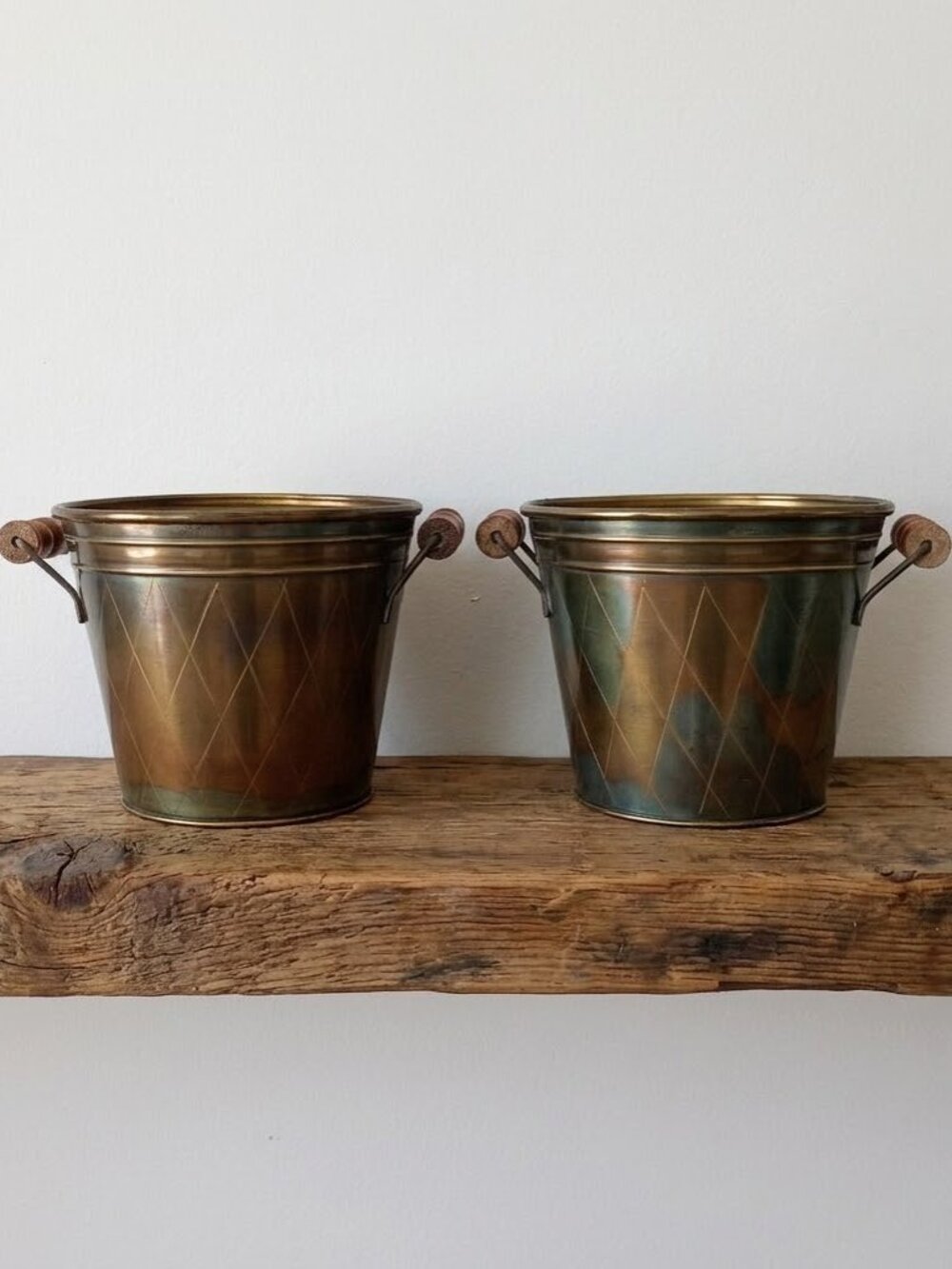Vintage Brass Planters with Wooden Handles Set of 2 Diamond Pattern Pot Cachepot